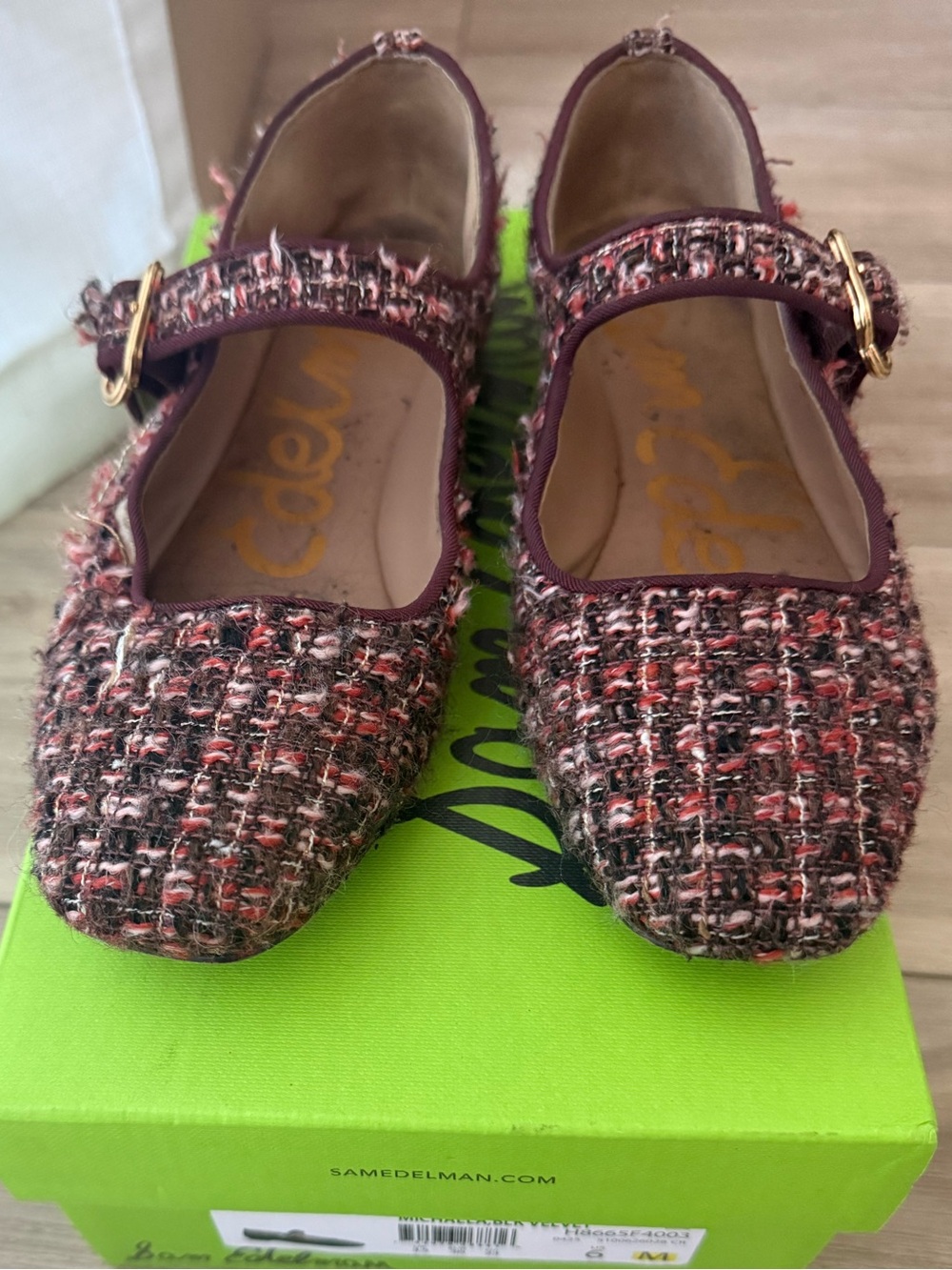 Sam Edelman Tweed Mary Jane Flats in Pink and Brown
